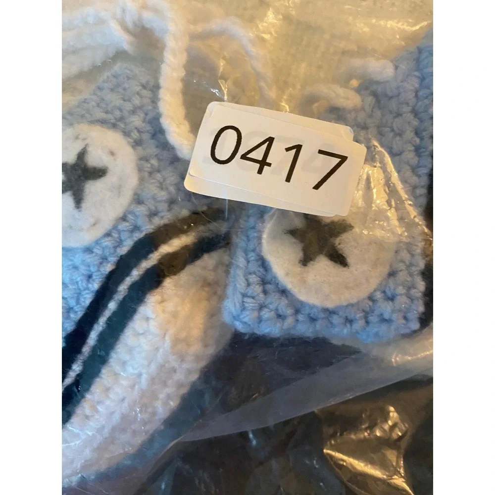 Hand Crocheted Booties Kids 0-6M Blue White High Top Sneaker All Star Soft Sole